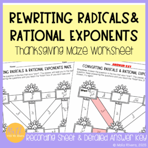 Rational Exponents & Radicals Thanksgiving Maze Worksheet COVER