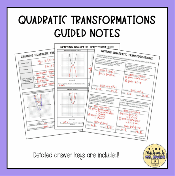 Transformations of Quadratic Functions Guided Notes for Algebra 2 ...