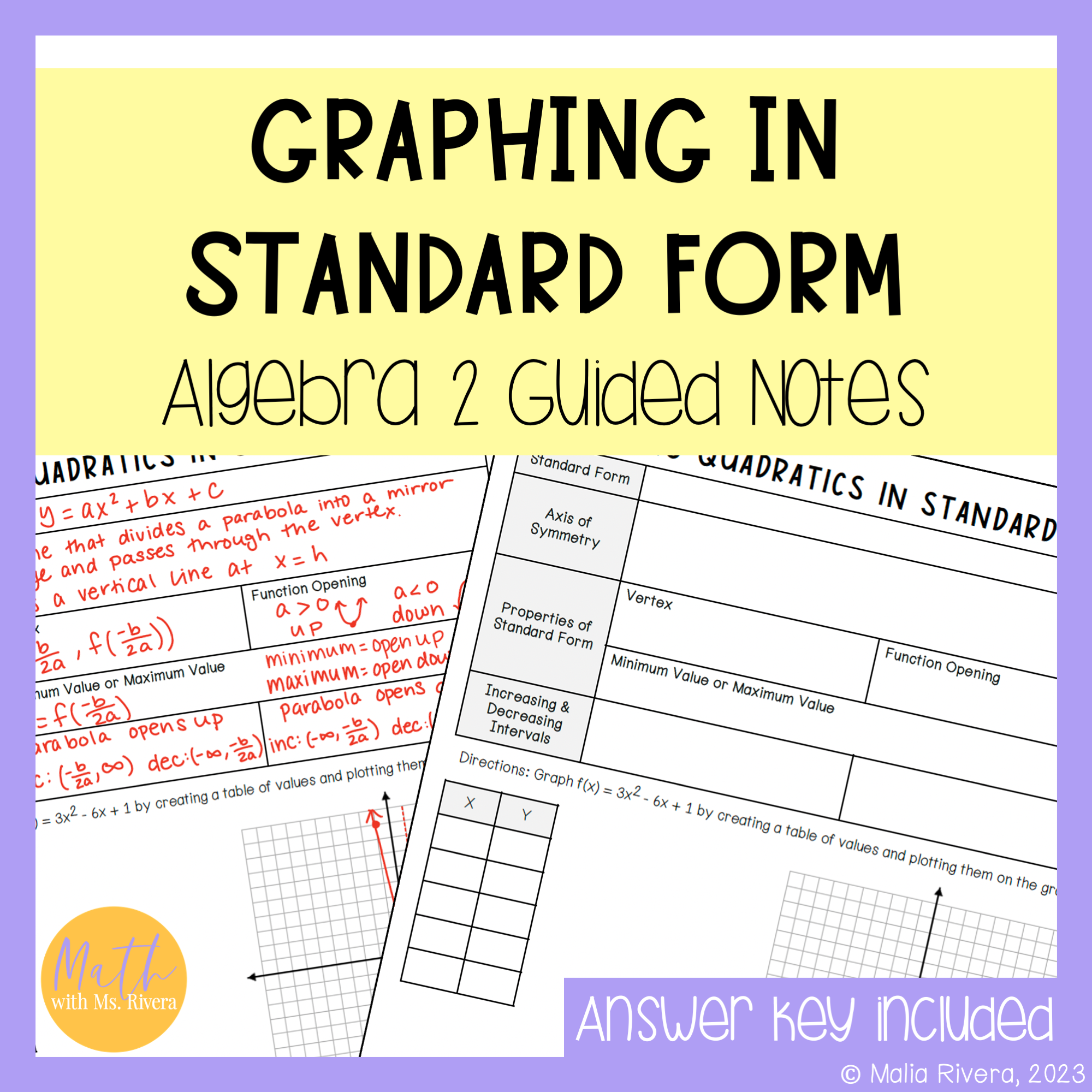 Graphing quadratic functions in standard form guided notes cover image