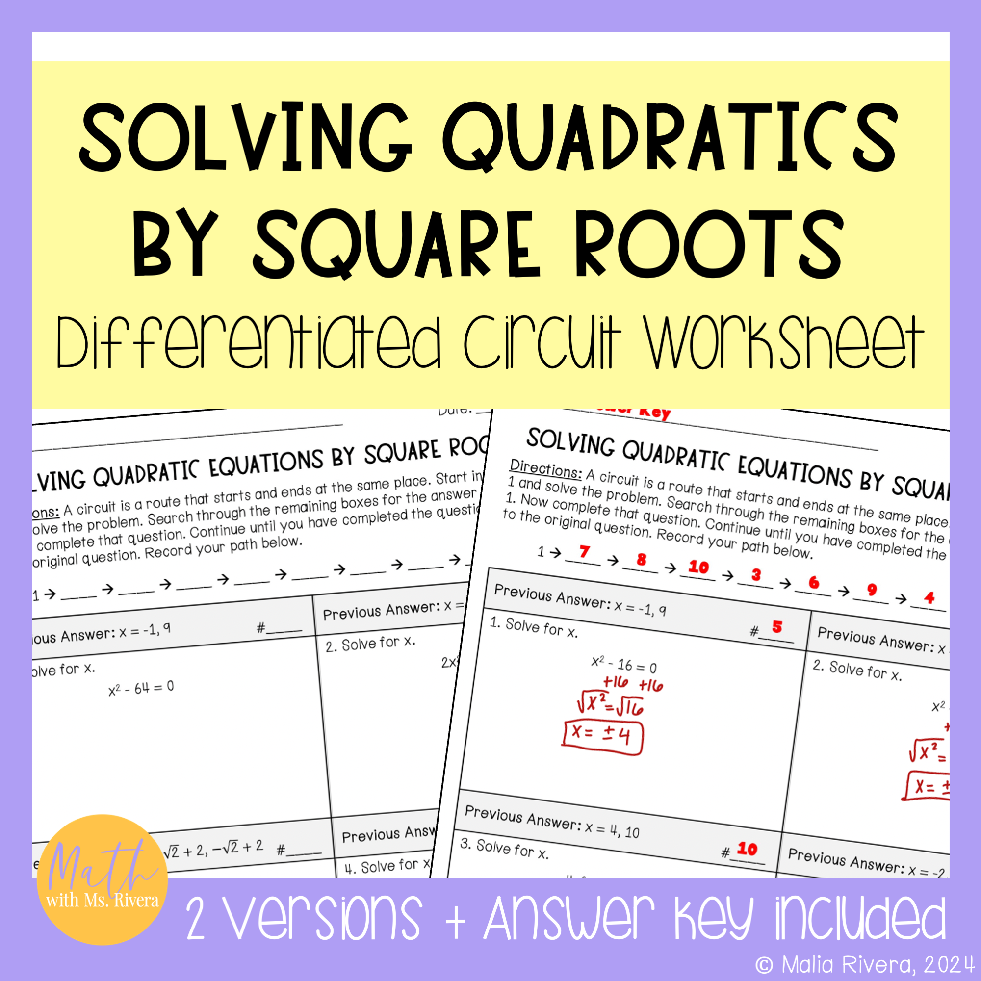 Solving Quadratic Equations by Square Roots Differentiated Circuit Worksheet Cover
