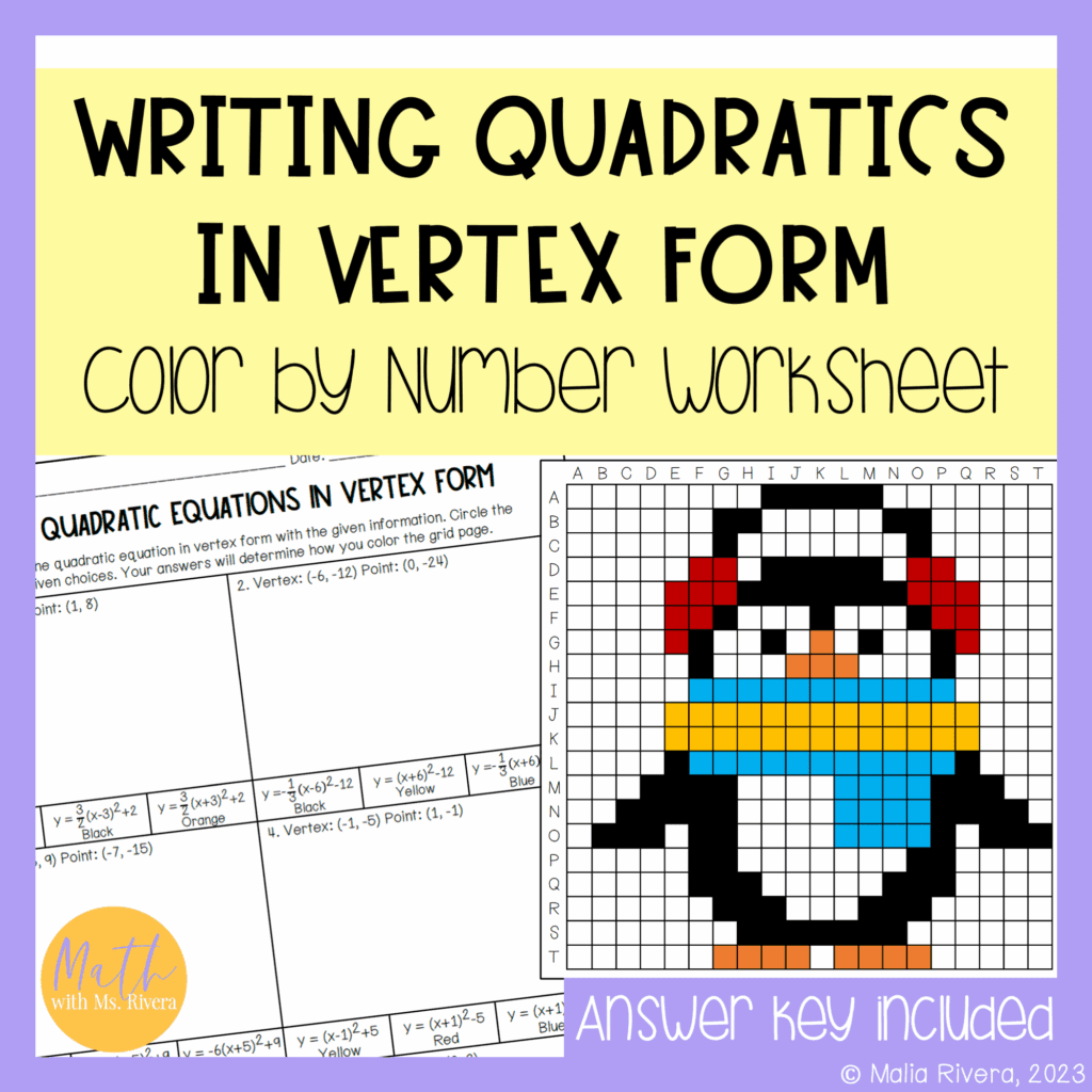 Winter Writing Quadratic Equations in Vertex Form Color by Number ...