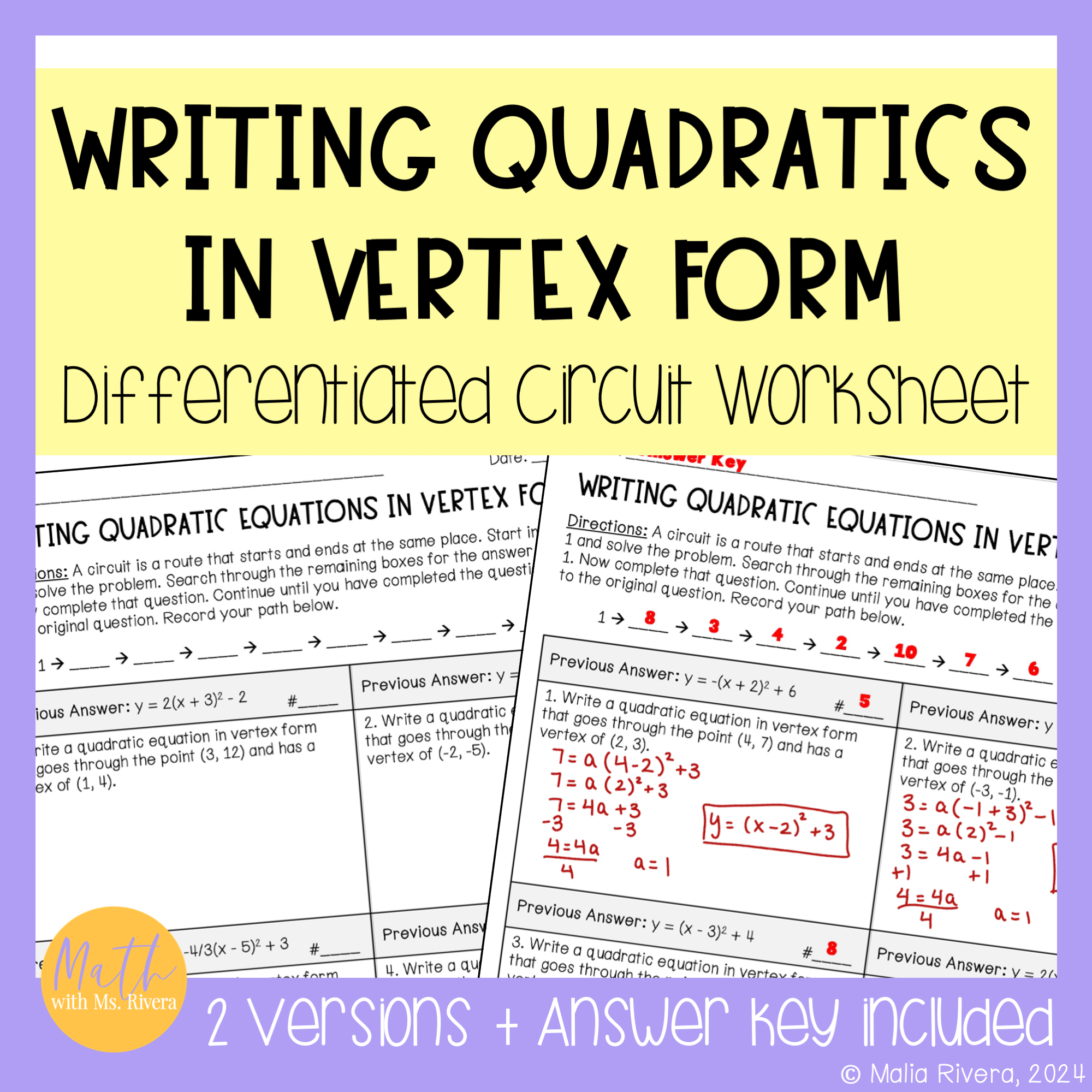 writing quadratic equations in vertex form differentiated circuit worksheet cover