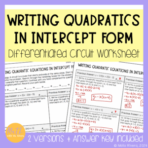 writing quadratic equations in intercept form differentiated circuit worksheet cover