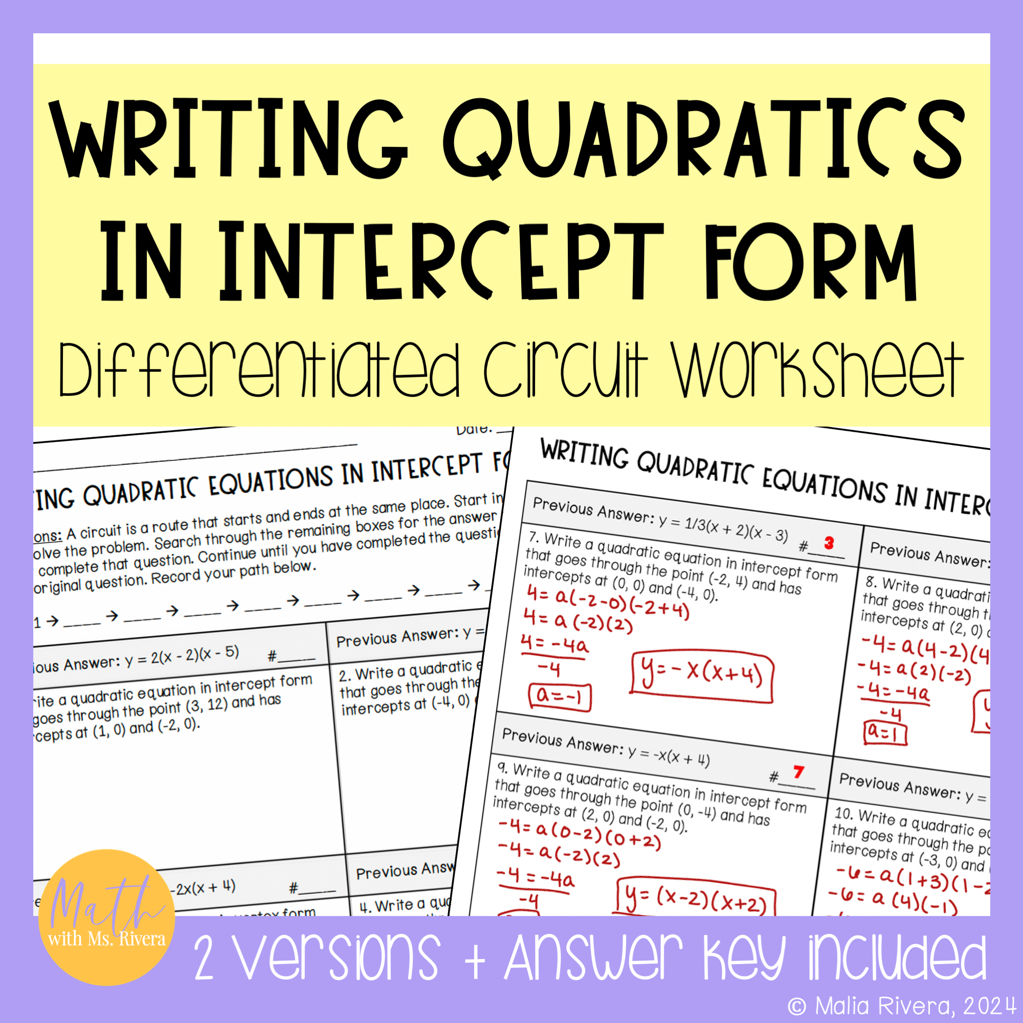 writing quadratic equations in intercept form differentiated circuit worksheet cover