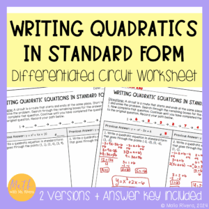 writing quadratic equations in standard form differentiated circuit worksheet cover