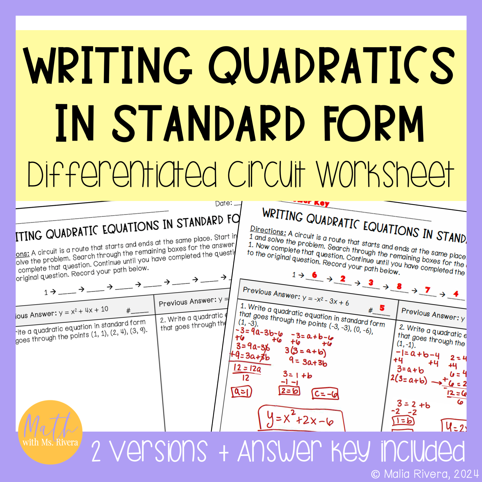 writing quadratic equations in standard form differentiated circuit worksheet cover