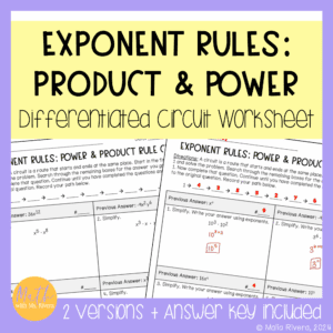 Exponent Rules Product and Power Rule Differentiated Circuit Worksheet COVER