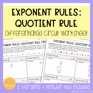 Quotient Rule Differentiated Circuit Worksheet for Algebra 1 COVER