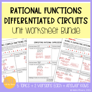 Rational Functions Unit Differentiated Circuit Worksheet Bundle COVER