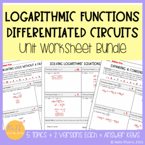 Logarithmic Functions Unit Differentiated Circuit Worksheets Bundle COVER