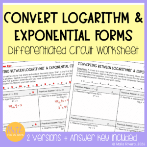 Converting Logarithmic & Exponential Forms Differentiated Circuit Worksheet COVER