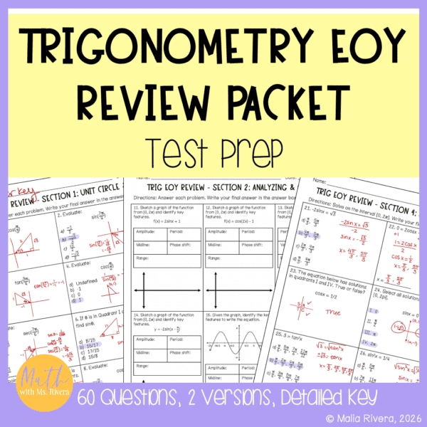 Trigonometry Review End of Year Test Prep Packet for Final Exam ...