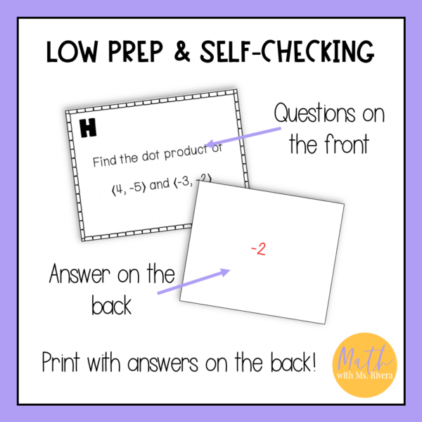 Dot Product and Angle Between Vectors Task Cards PreCalclulus - Malia ...