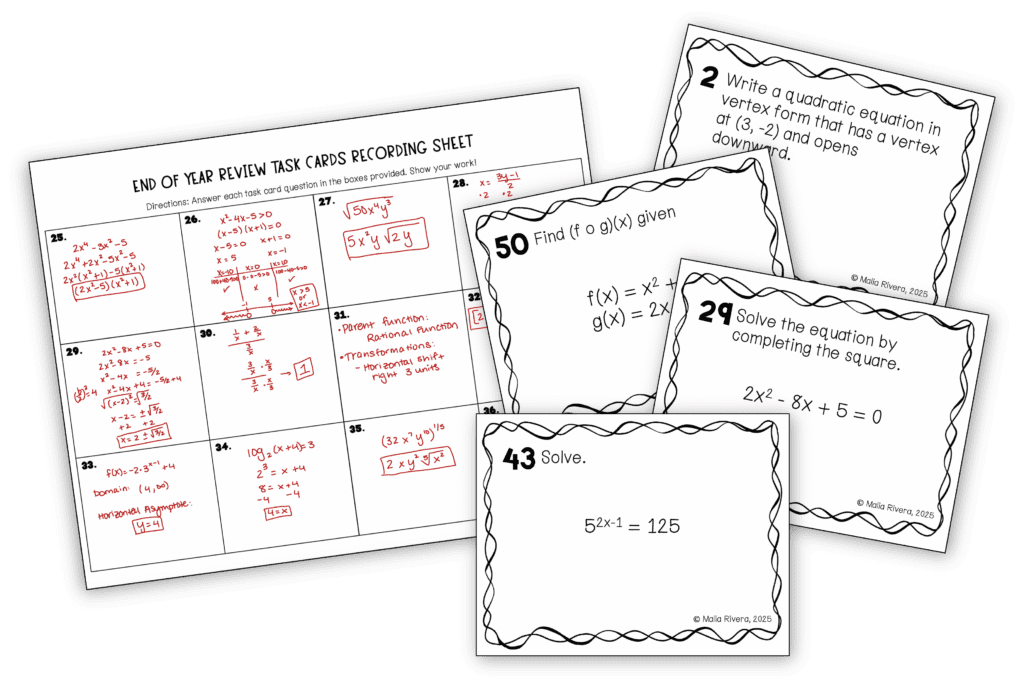 Algebra 2 review task cards activity - Malia Rivera