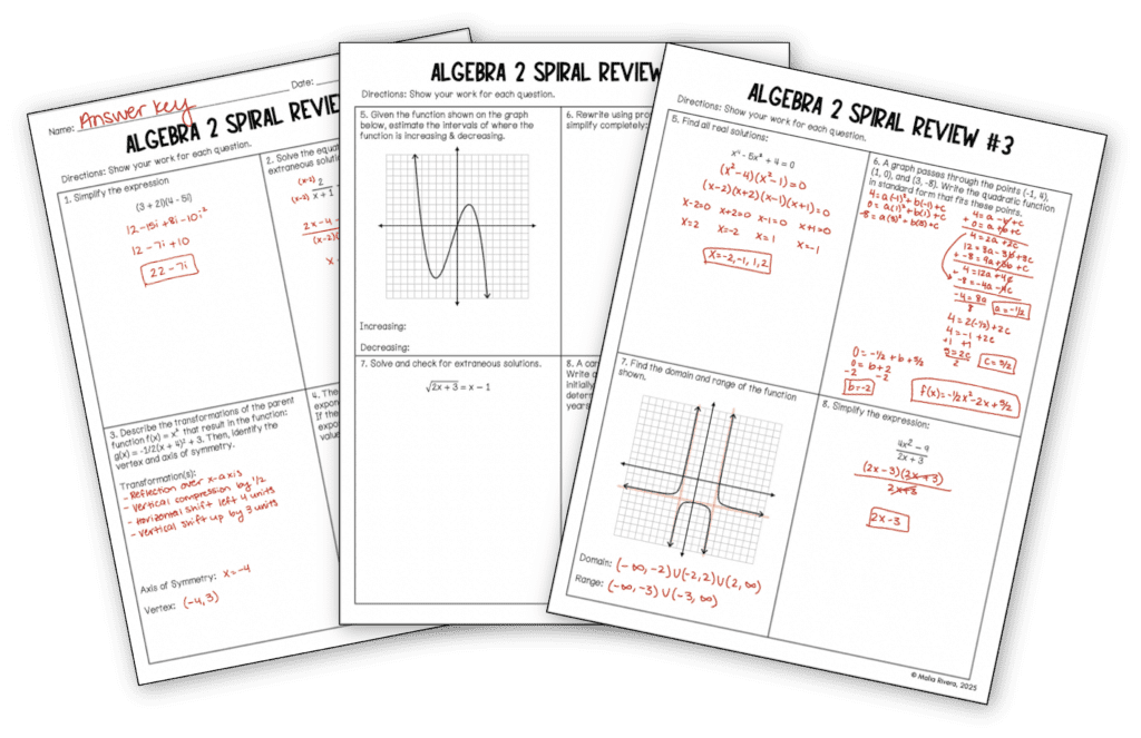 Algebra 2 Spiral Review Worksheet Example - Malia Rivera