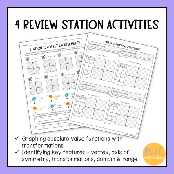 Graphing Absolute Value Functions and Transformations Review Stations ...