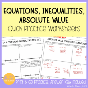 Algebra 2 Solving Equations, Inequalities & Absolute Value Practice Worksheets
