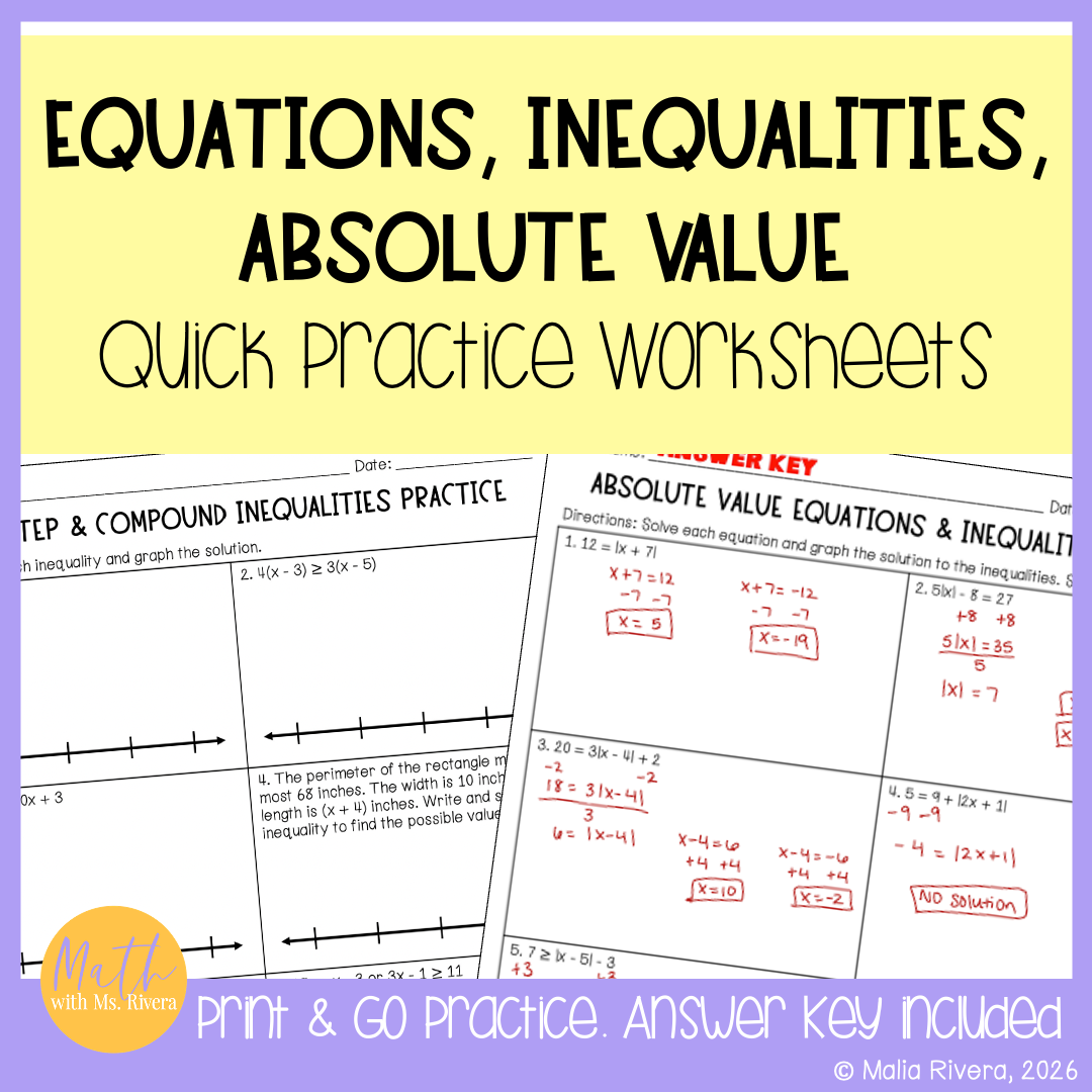 Algebra 2 Solving Equations, Inequalities & Absolute Value Practice Worksheets