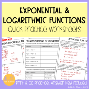 Exponential and Logarithmic Functions Practice Worksheets for Algebra 2 Homework