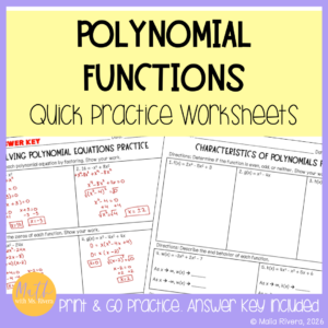 Polynomial Functions Practice Worksheets for Algebra 2 Homework