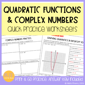 Quadratic Functions and Complex Numbers Practice Worksheets for Algebra 2 Homework