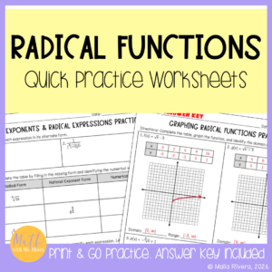 Radical Functions Practice Worksheets for Algebra 2 Homework