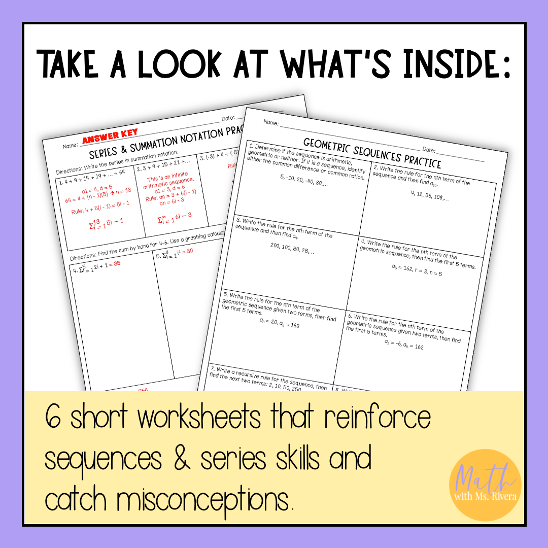 Sequences and Series Practice Worksheets for Algebra 2 Homework - Image 2