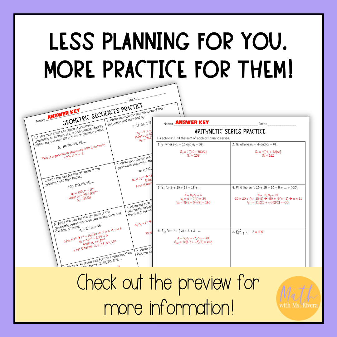 Sequences and Series Practice Worksheets for Algebra 2 Homework - Image 4