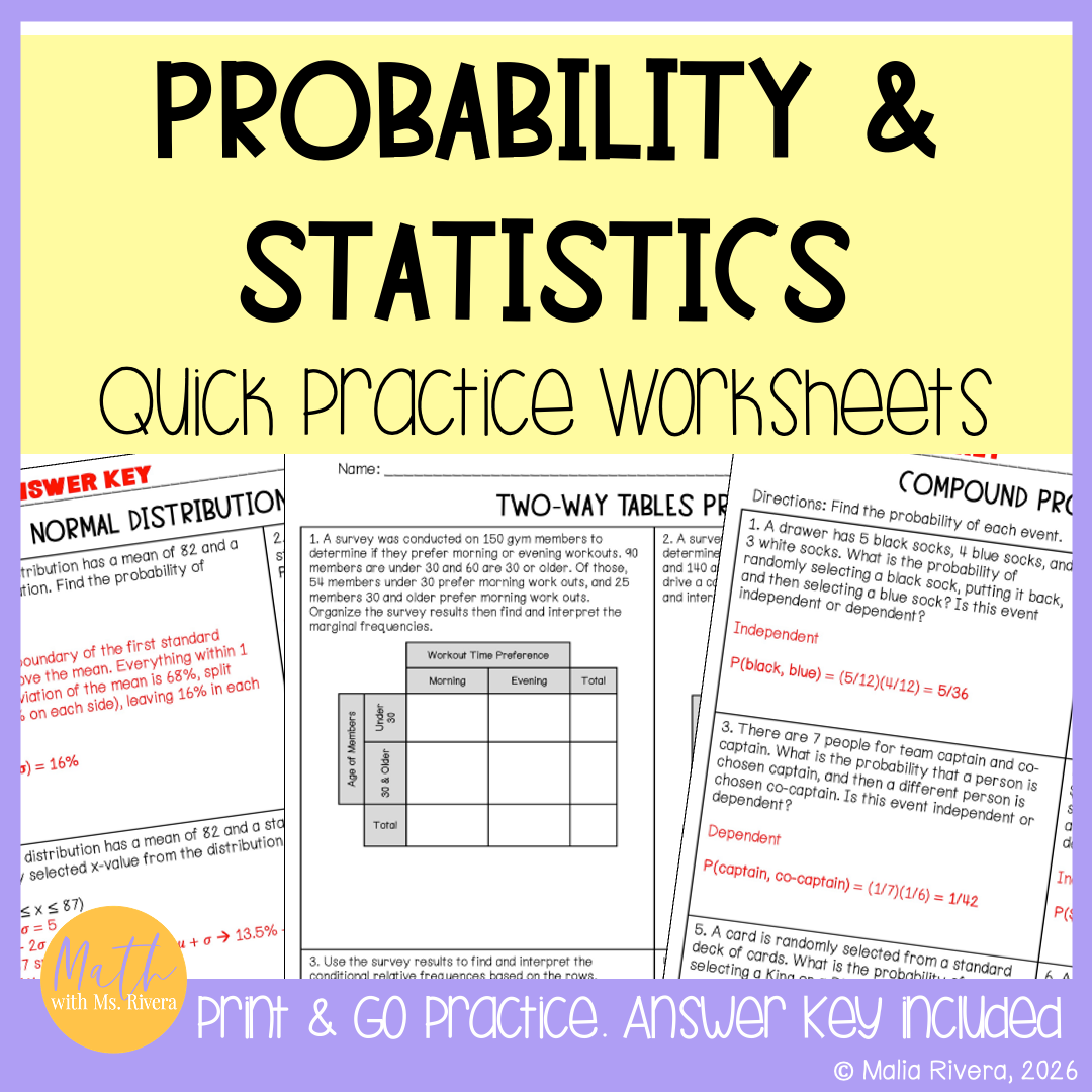 Probability and Statistics Quick Practice Worksheets Cover - Malia Rivera